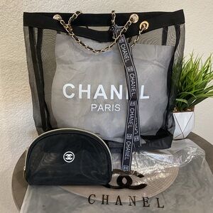 Black Mesh Tote Bag And Matching Pouch